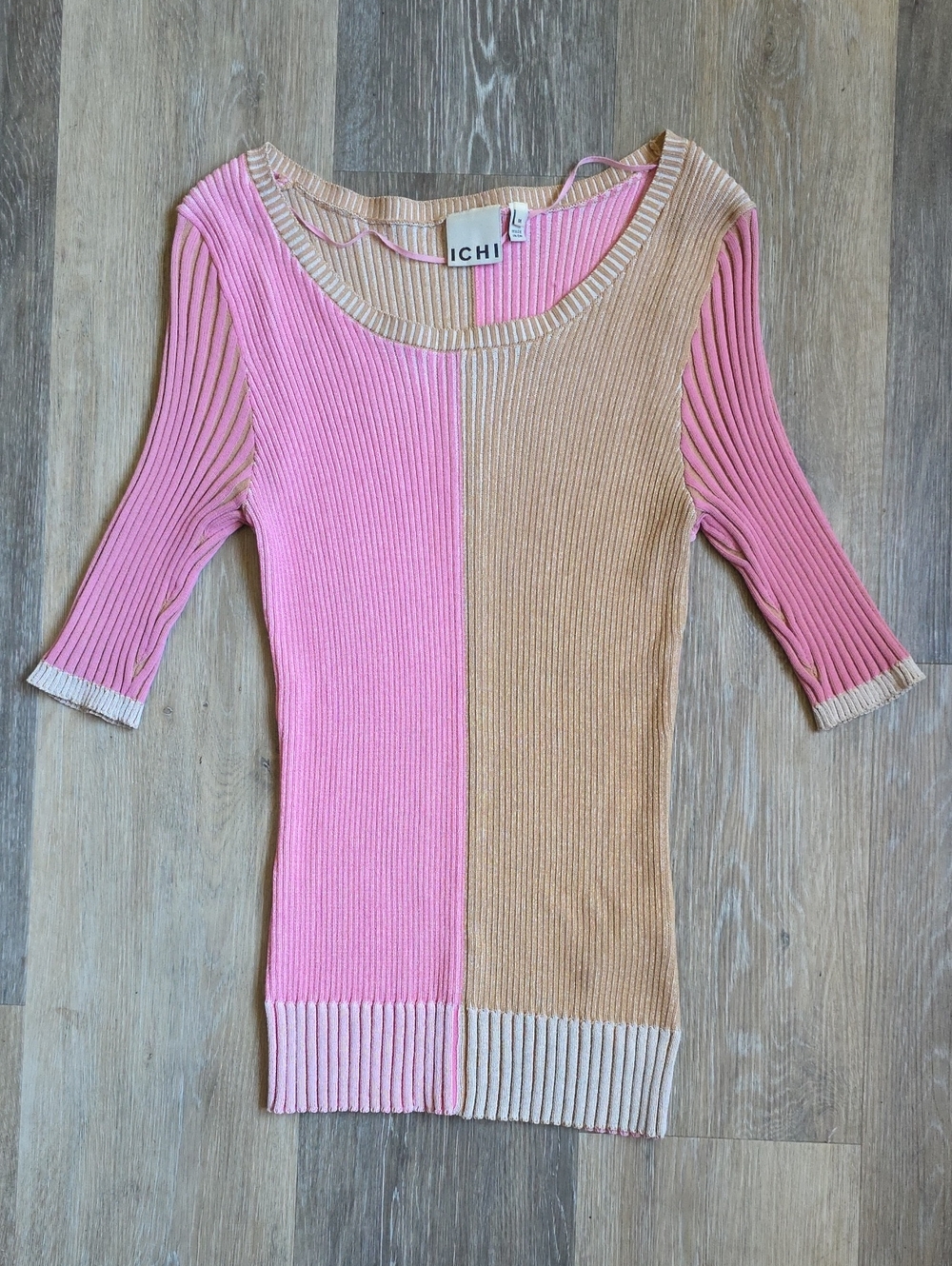 ICHI Two-Tone Pink and Tan Ribbed Scoop Neck Top